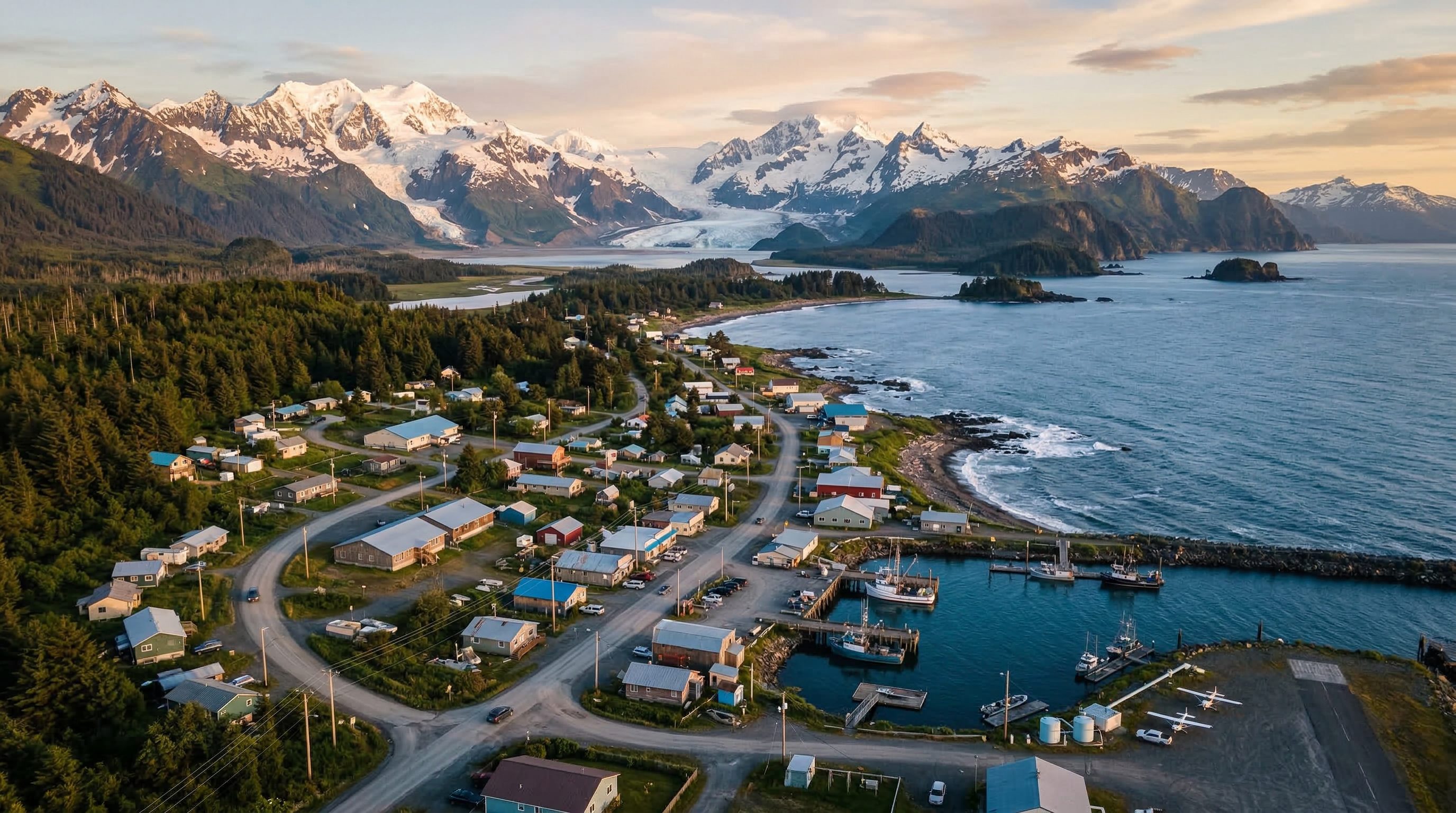 Aerial view of Yakutat, Alaska coastal community
